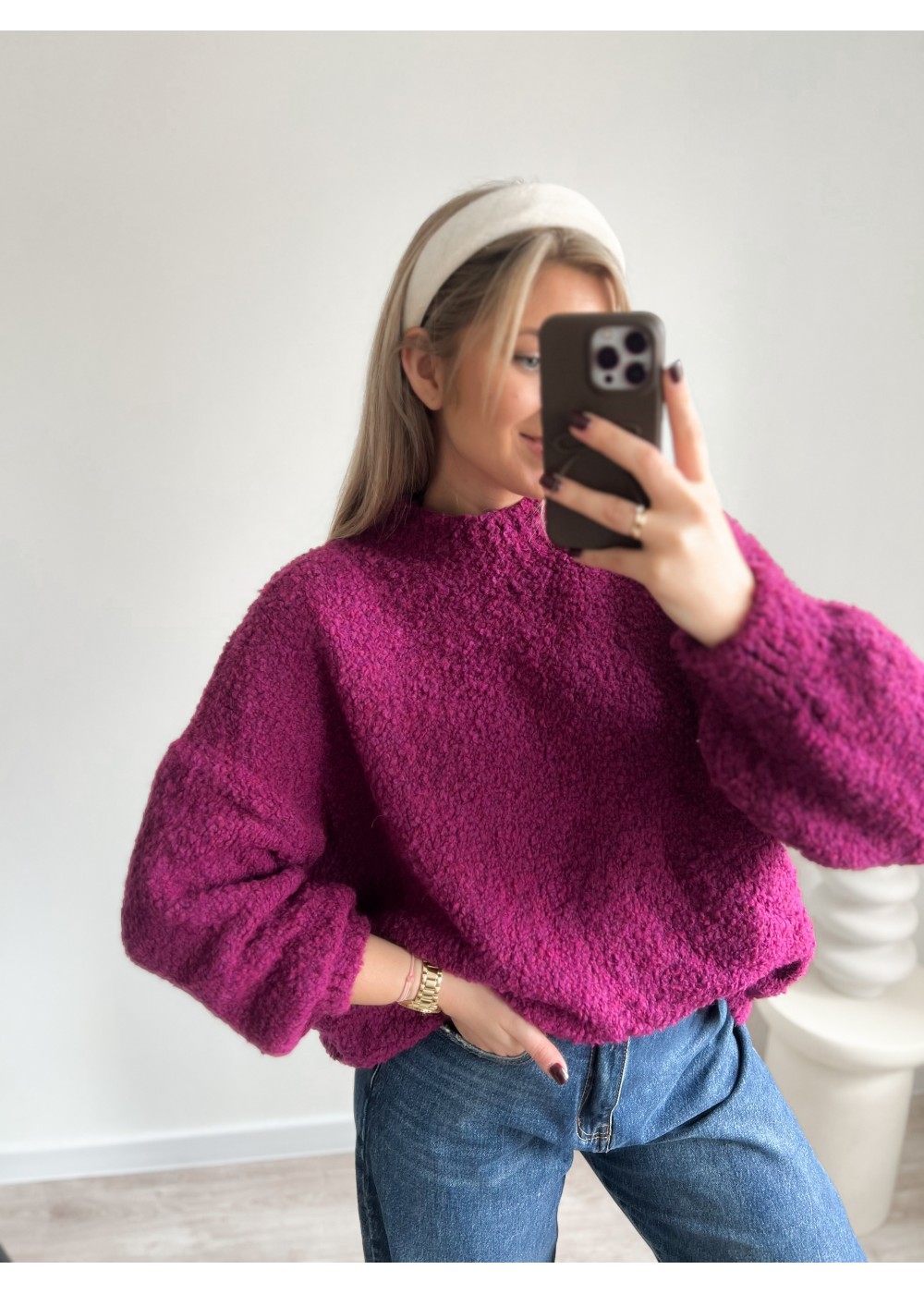 Sweter boucla śliwka