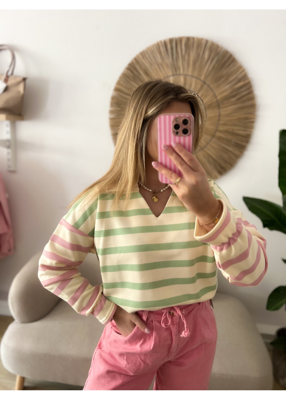 Bluza w paski zielono różowe