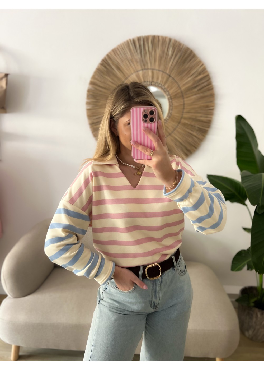 Bluza w paski różowo...